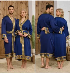 Elegant Baroque Print Silk Satin Kimono Robe - Women One Size (Navy Blue Golden)