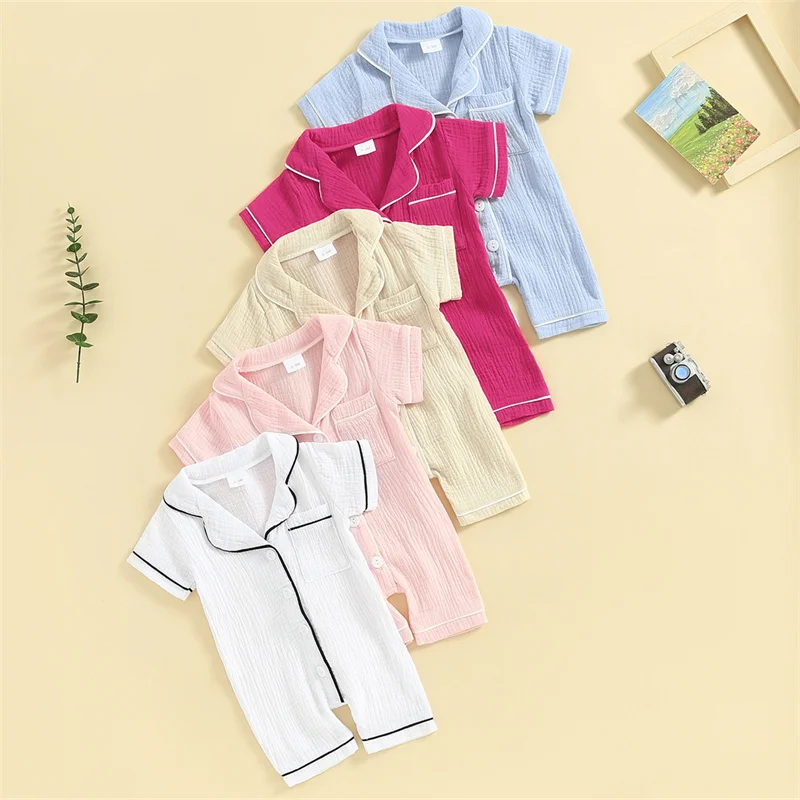 0-24M Baby Pajamas Jumpsuits Boys Girls Short Sleeve Lapel Button Down Romper Summer Newborn Infant Sleepwear