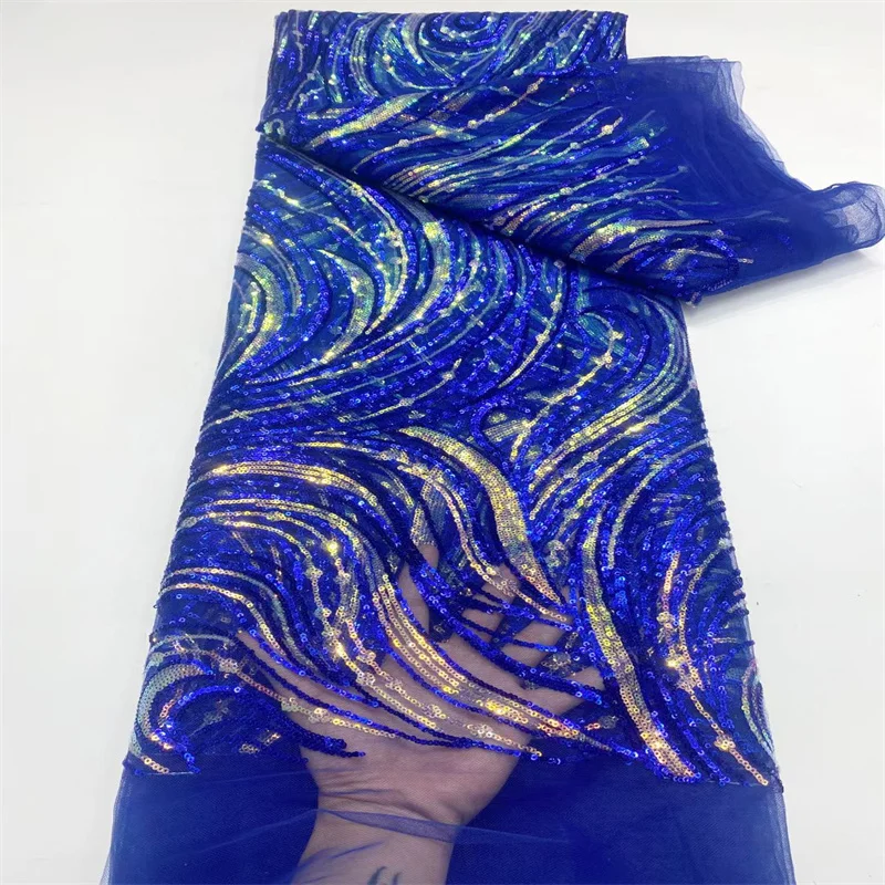 

Royal Blue/Gold African Sequins Net Fabric High Quality Nigerian French Tulle Mesh Lace Fabric For Sewing Wedding Party Dress