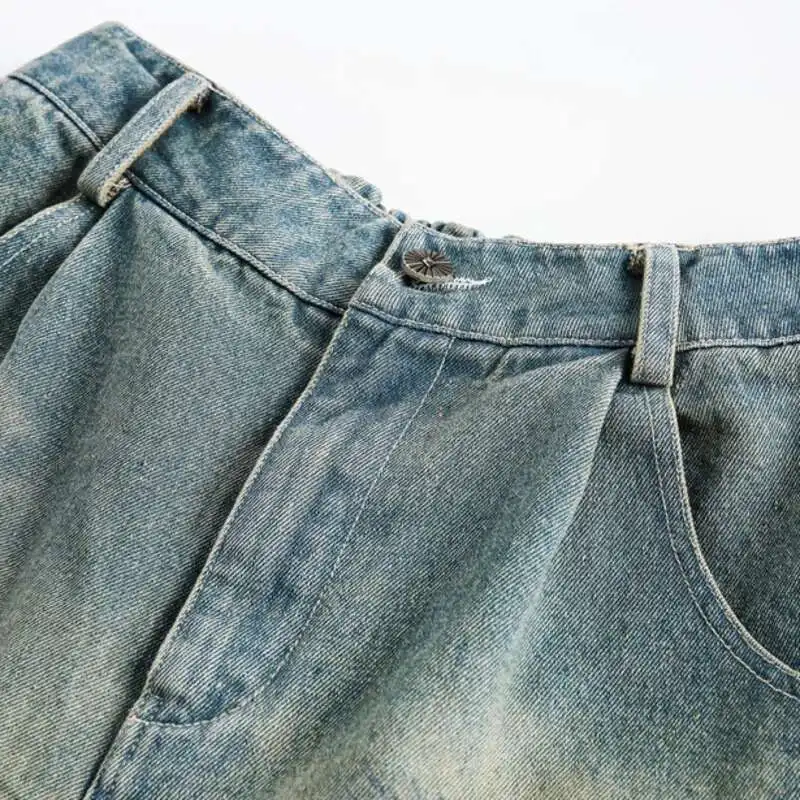 HKSH Spring Summer New Men Tide Punk Denim Shorts Abstract Print Vintage Washed Capris Punk High Street Half Length Pants HK4548