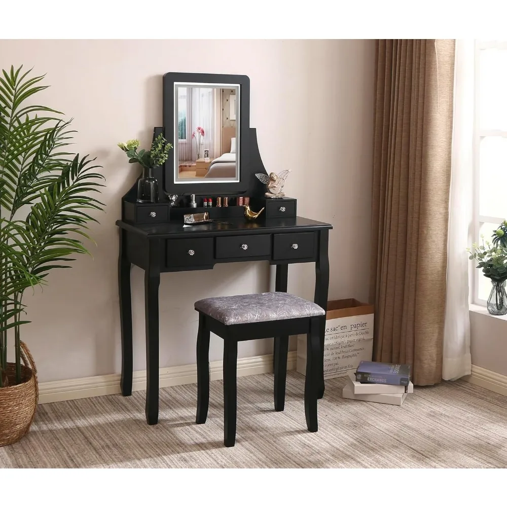 Vanity Set with Lighted Mirror Dimming, Touch Screen Switch & Cushioned Stool Dressing Table Makeup Vanity Makeup Table 3