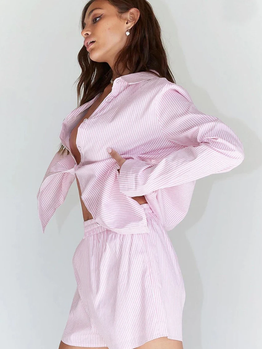 Marthaqiqi Casual Women Nightgowns 2 Piece Set Turn-Down Collar Nightwear Long Sleeve Pajamas Shorts Loose Ladies Sleepwear Suit