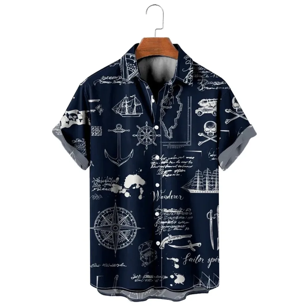 Retro Harajuku Blue Space War Planet Robot Short Hawaiian Casual Shirt Men with Print Vintage Floral Stylish Fit Men's Clothing 6