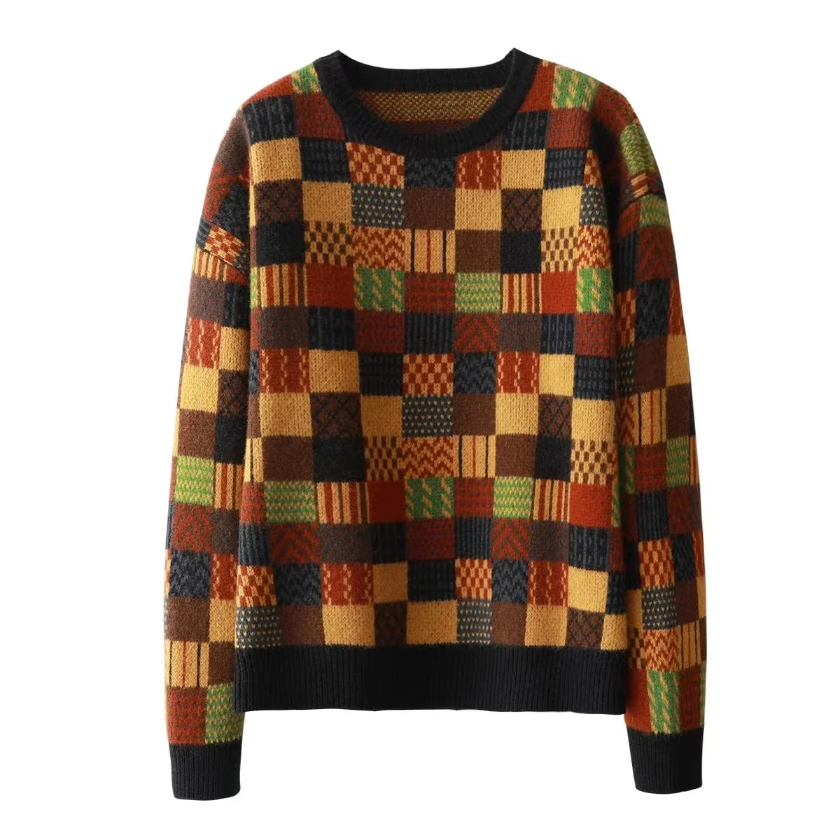 

Winter Knitted Women Sweater Plaid Korean Fashion O-neck Long Sleeve Y2K Pullover Sweaters