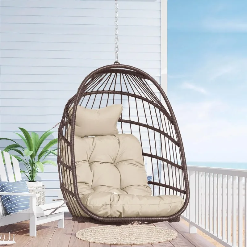 

Hanging Egg Chair Without Stand Brown PE Wicker Swing Hammock Egg Basket Ceiling Chairs with Beige Cushions 265lbs Capaticy