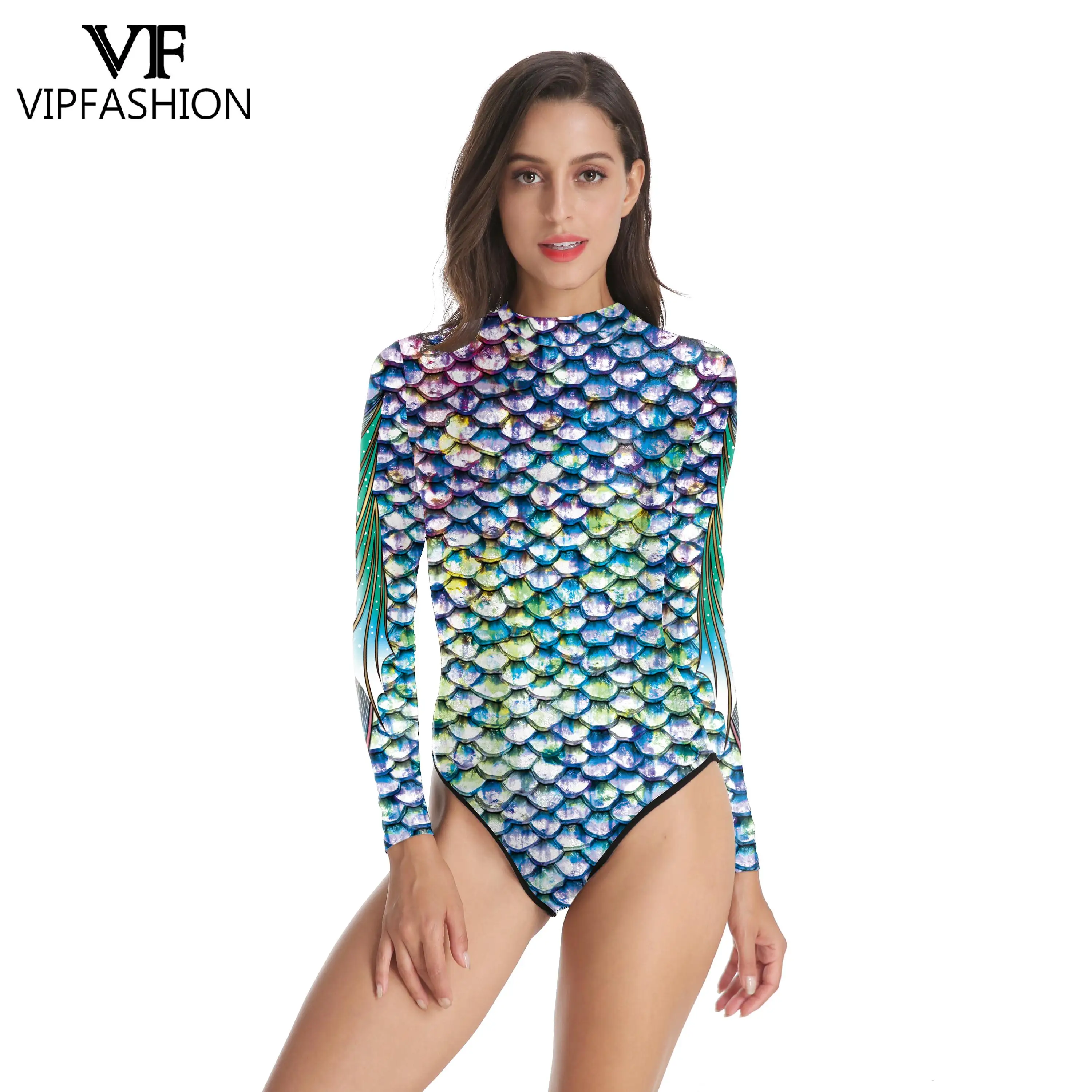 VIP FASHION Mermaid Printed Swimsuit Women Swimwear Summer Fish Scale Pattern Bodysuit Female Holiday Party Sexy Cosplay Costume