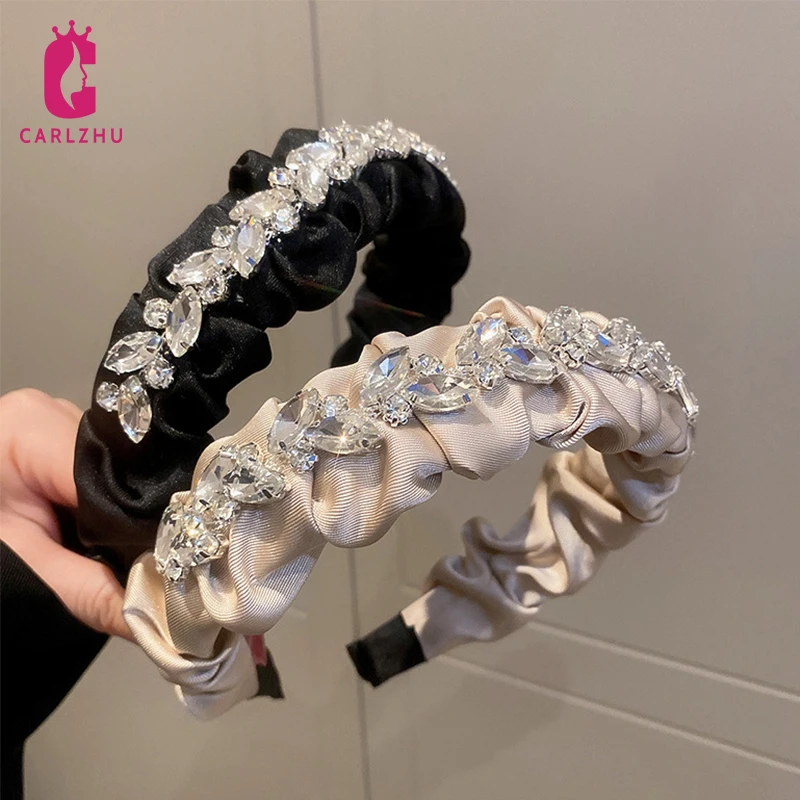 

New Fashion Shiny Rhinestone Leaves Hairband Women Solid Wide Side Headband Girls Autumn Winter Hair Accessories Headwear