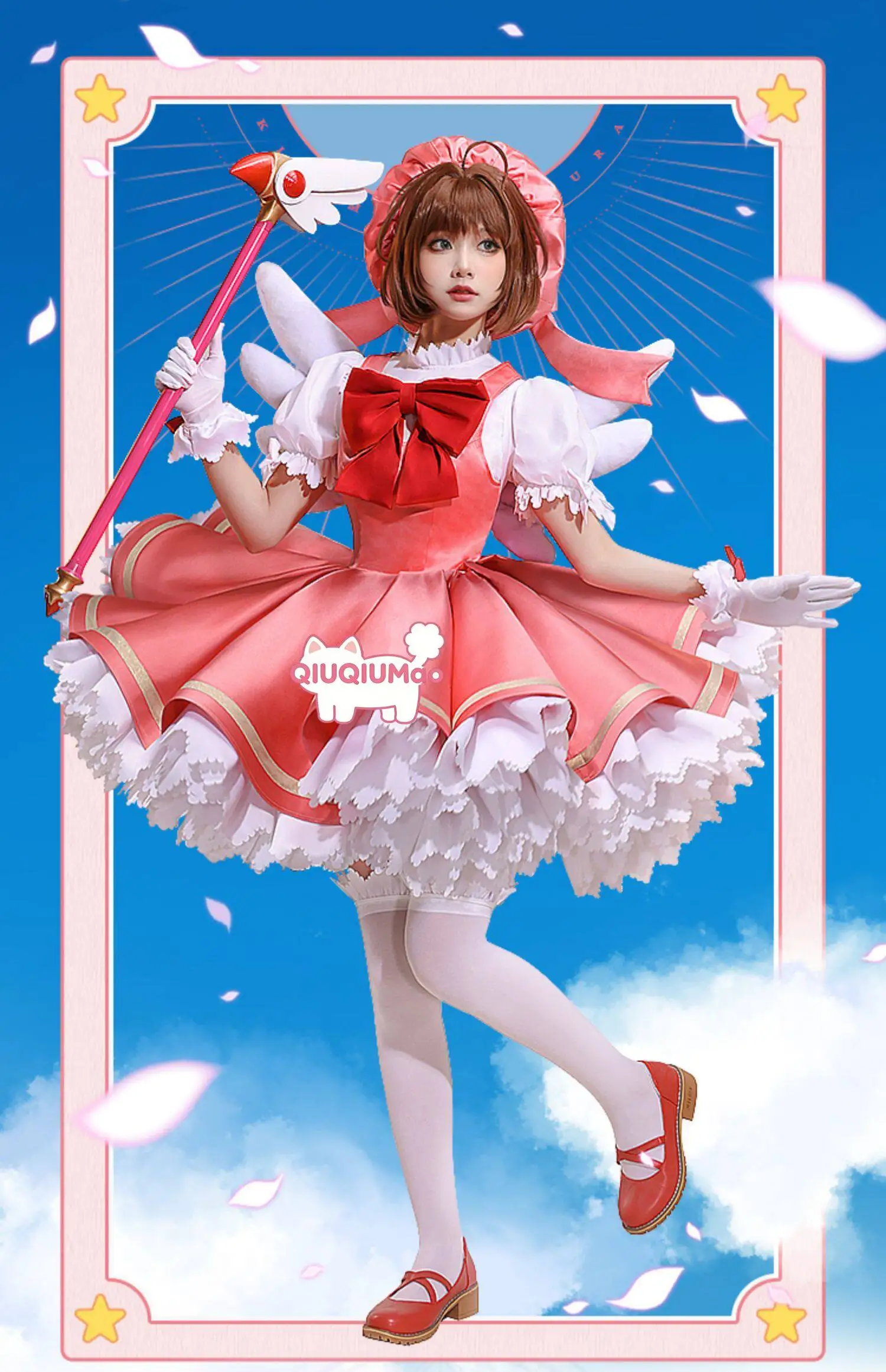 Costume da Cosplay di Cardcaptor Sakura, Abito da Battaglia Rosso e Bianco, Costume Anime di Sakura Kinomoto con Crinolina per Donne, per Comic Con e Feste - immagine 2