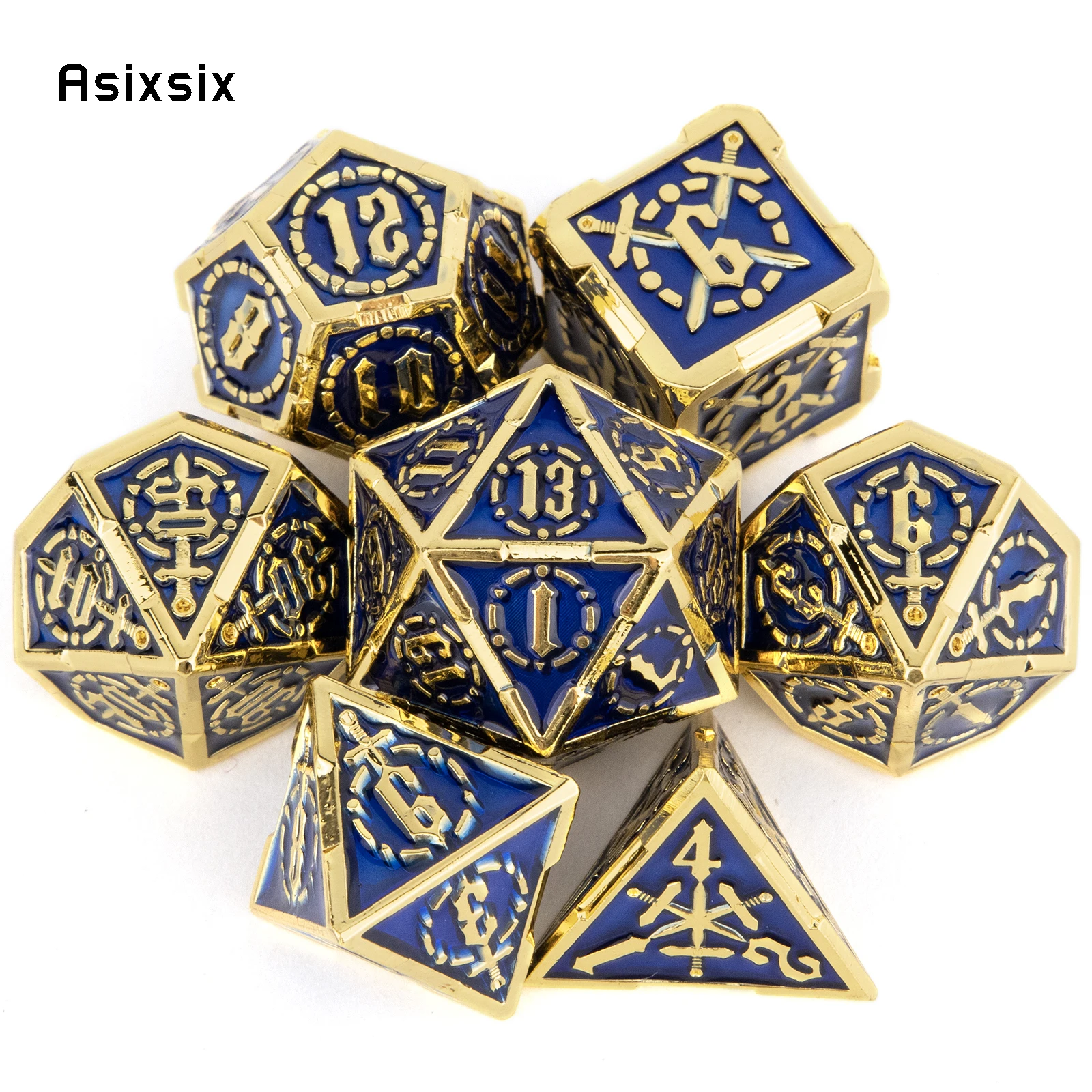 Set De 7 Dados Poliédricos De Metal – Gear Gold And Blue Con Bolsa De Almacenamiento Para D&D Y Juegos De Rol