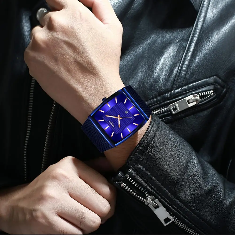 Mens Watches Luxury Blue Square Quartz Watch Men Slim Waterproof Golden Male Wristwatch Men_voghion.com
