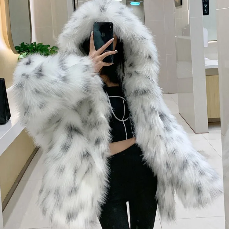 

Women Faux Fox Fur Coats Hooded Splice Jackets Loose Open Stitch Bat Full Sleeve Mid Length Coat Thick Warm Outerwear 2023