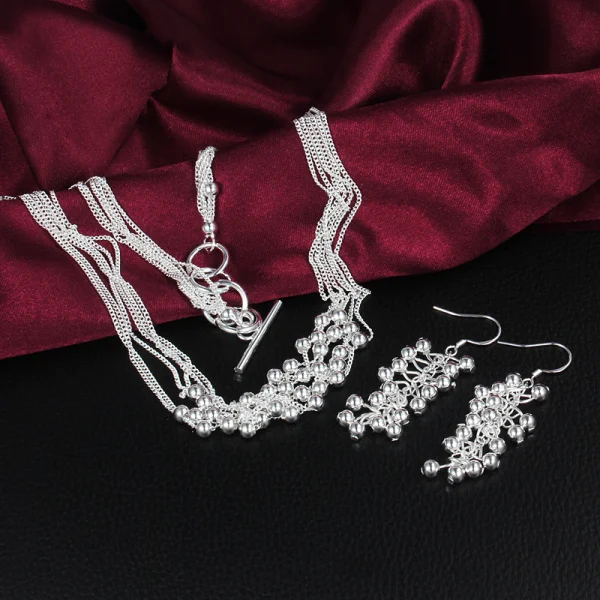 

925 Sterling Silver Multi-line Tassel Beads Necklace Earrings for Woman Fashion Party Wedding Gifts Jewelry Set Temperament