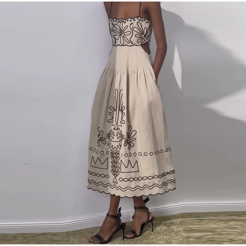 Embroidery Women Strap Dress Sexy Hollow Out Sleeveless Backless Wave Hem Lady Dresses 2025 Spring Summer Beach Ladies Robe - view