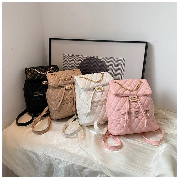2022 Backpack for Women Brand Design Luxury Embroidered Diamond Shape Soft PU Leather Backpack Female Casual Small Backpack