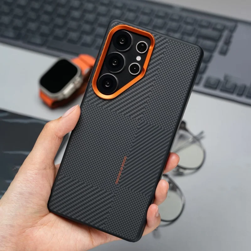 Premium Carbon Fiber Texture Alloy Lens Case with Magnetic Wireless Charging and Anti-Drop Protection