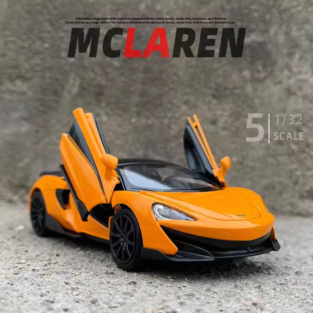 1:32 McLaren 600LT 장난감 모델 합금 다이캐스트 자동차 소리와 빛 3 도어 열림 풀백 기능 어린이 선물용 장난감 차량