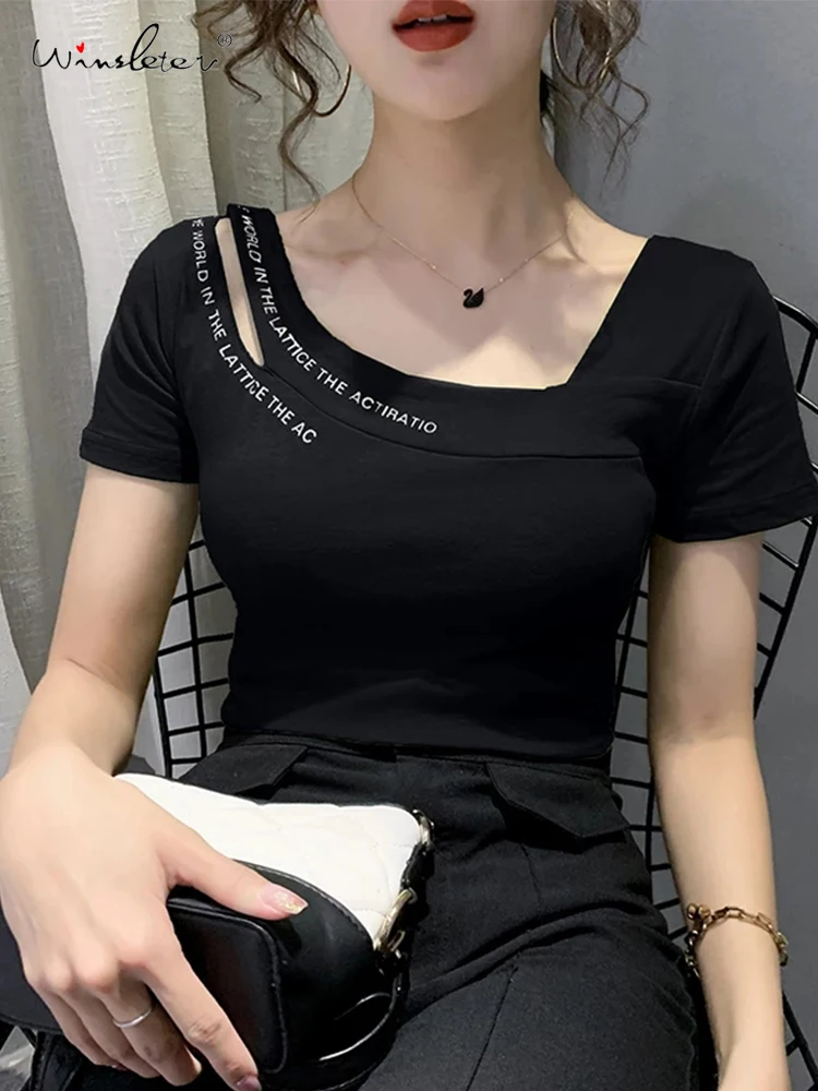 Женская ажурная футболка MadBlack черная с буквенным принтом коротким рукавом в