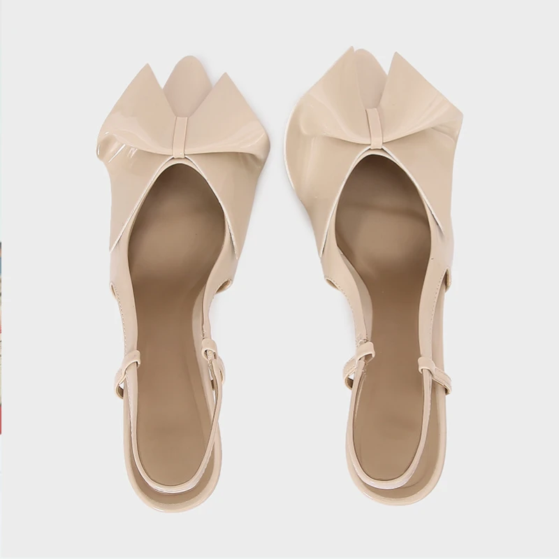 Women High Heels Sandals Beige Elegant Bow Decoration Stilettos Pointed Toe Summer Slingbacks Office Lady Shoes Patent Leather women high heels shoes