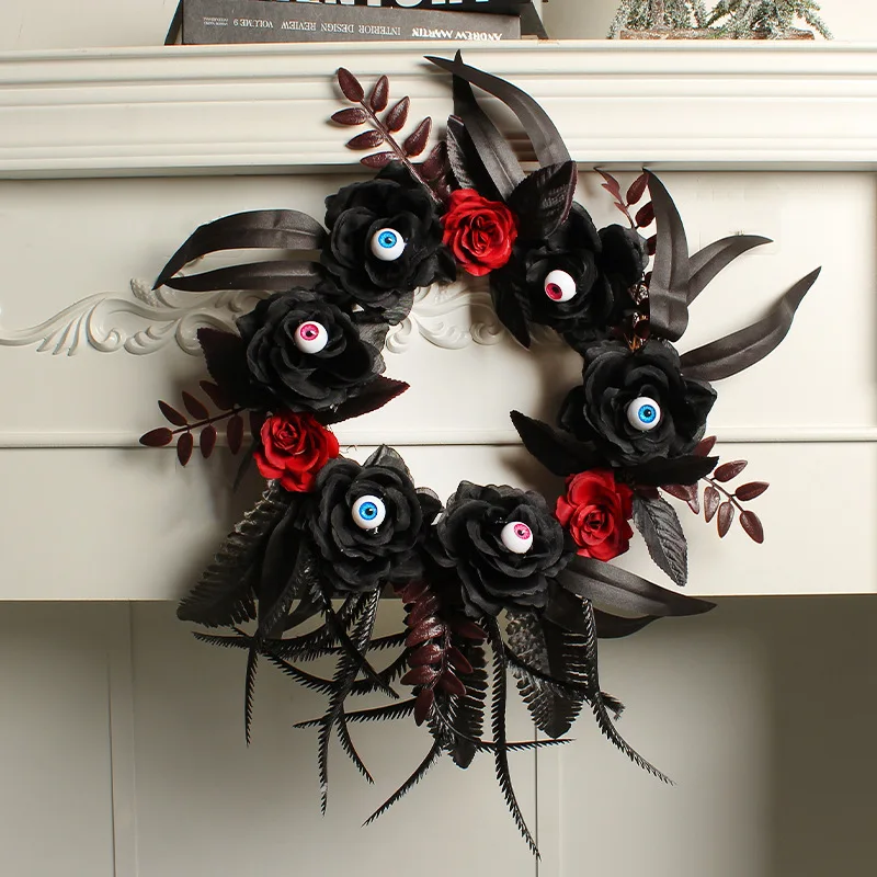

Halloween Decoration Artificial Roses Black Skull Wreath Halloween Wreaths For Front Door Eyeball Flower Wreath Hanging Garlands