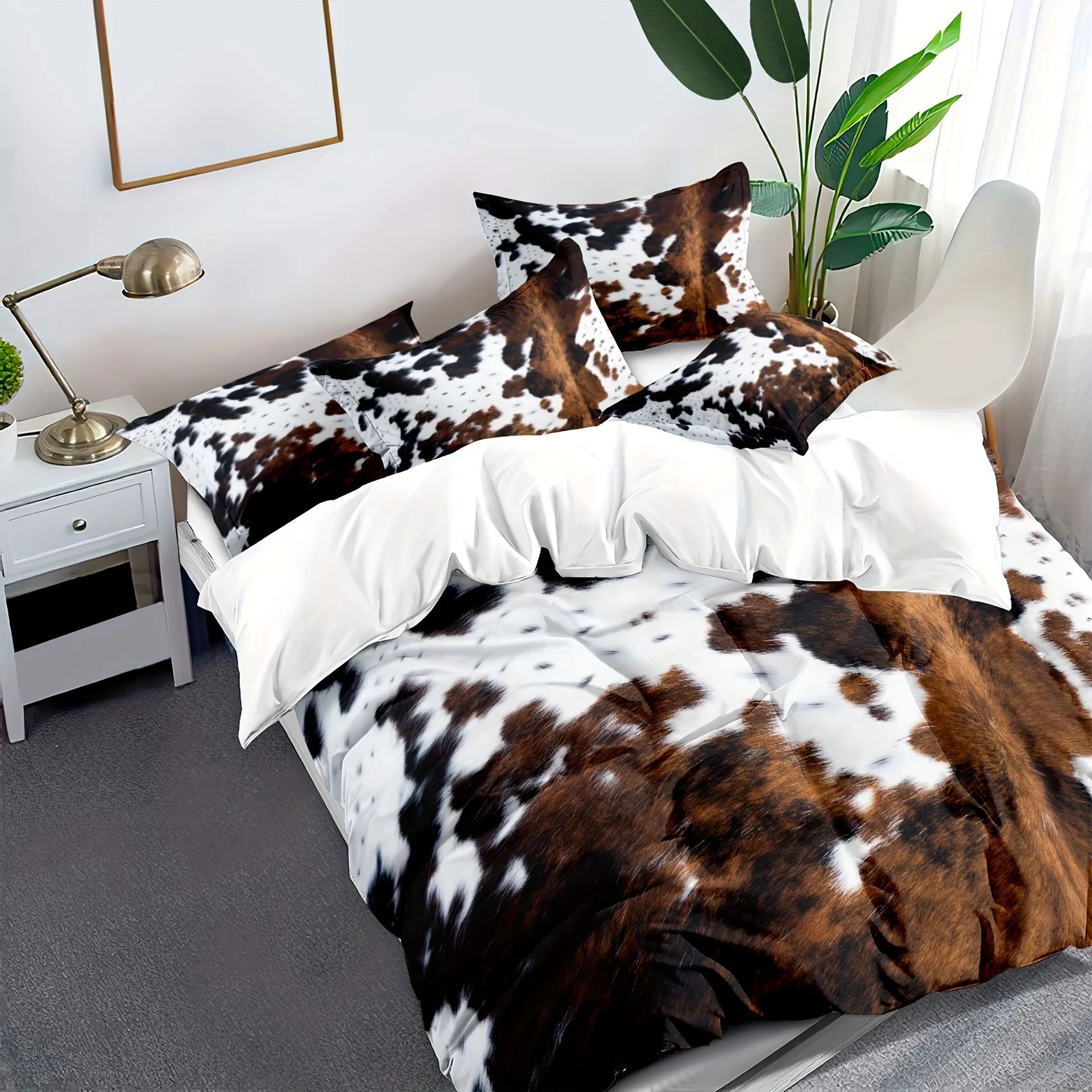 Brown And Black Cow Pattern Yak Leather Bedding Set with Washable Ultra-Fine Microfiber Duvet Cover, Soft And Comfortable