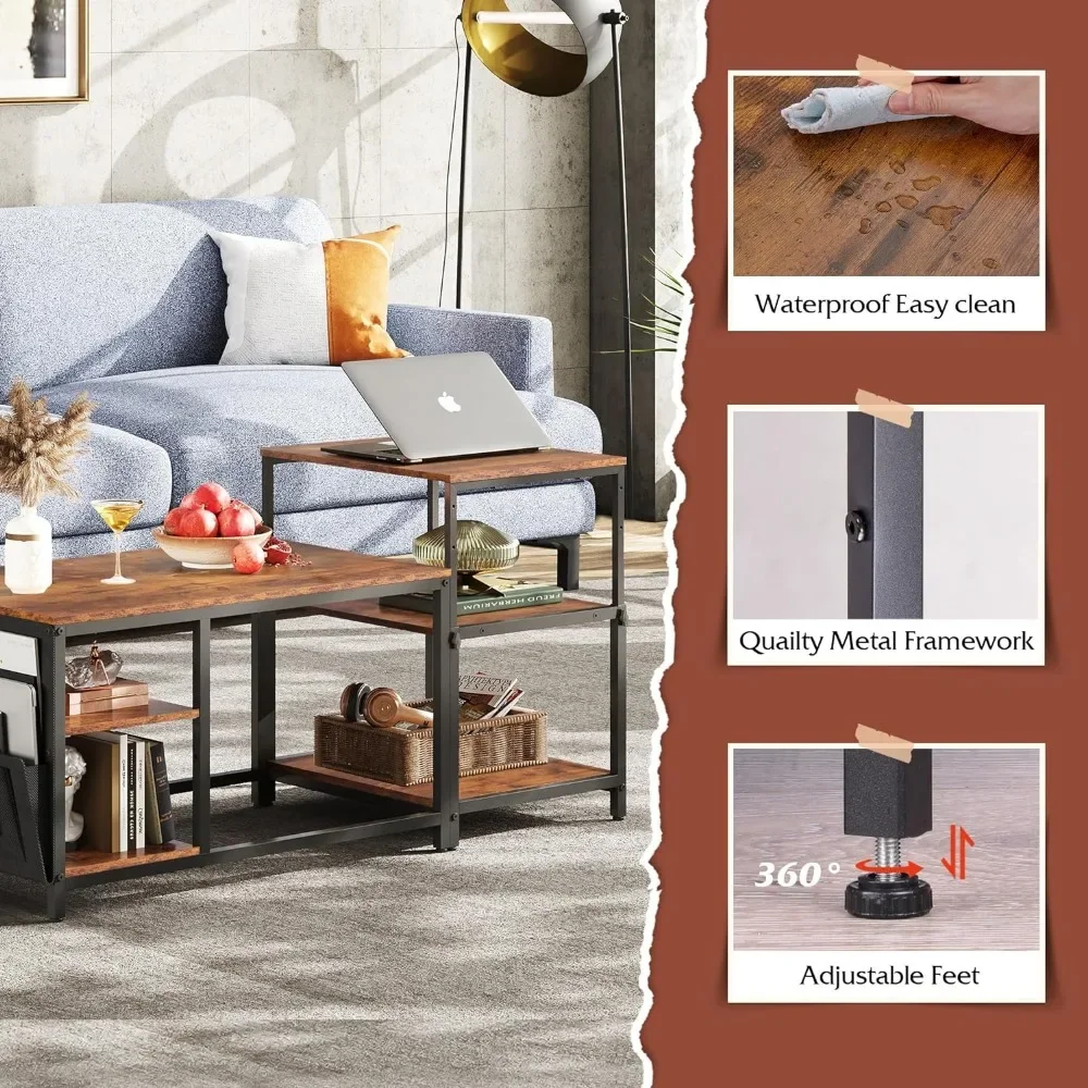 Coffee Table for Living Room,Adjustables Coffee Table Set of 2 with End Tables,Small Industrial Tables with Side