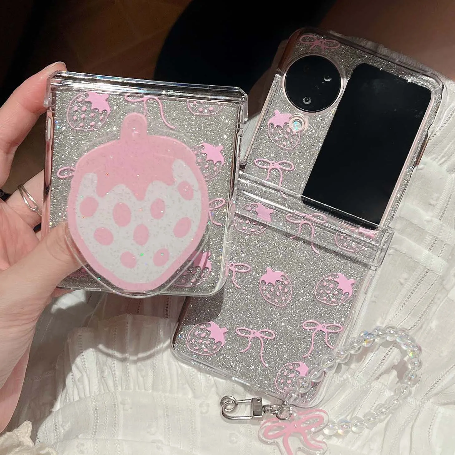Cartoon Bow Pink Strawberry Shell Per Oppo Find N2 N3 Flip 5G Ins Pc Hard Crystal Blingbling Stand Holder Phone Case