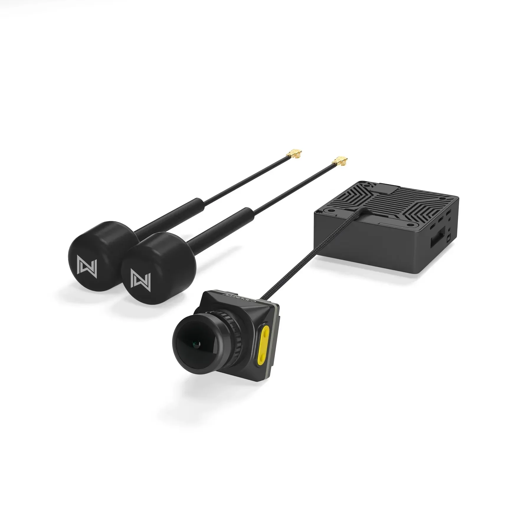 Vue de côté de la Caméra FPV 4K 60fps avec Capteur Starlight pour Drone Freestyle, fixée sur un support anti-vibration.
