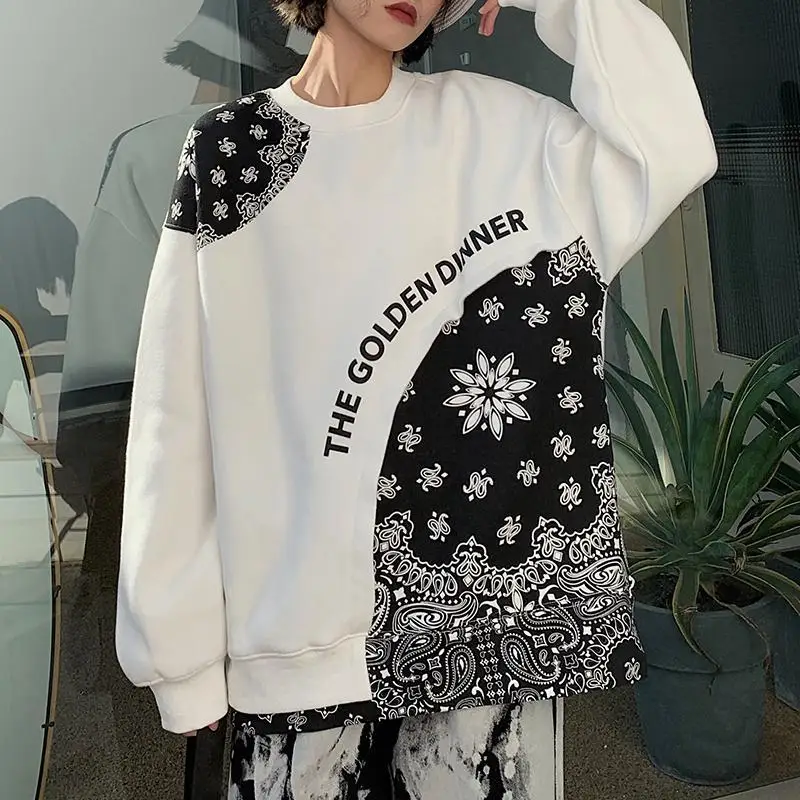 Pullover Splicing Loose Korean Version Cashew Flower Printing Matching Design Sense Niche Casual Couples INS 2022 New