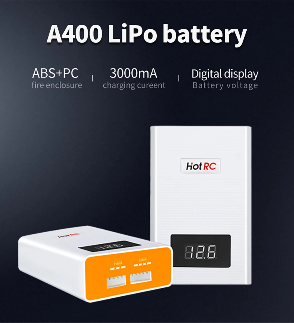 Chargeur HotRC A400/B3 10W avec batterie Lipo 4S branchée, prise US, câbles de charge
