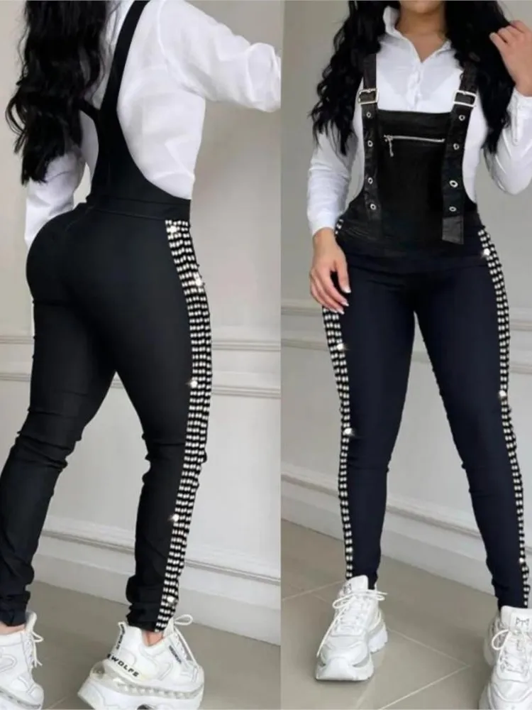 

Sexy Rhinestone Decor Buckled Suspender Jumpsuit Woman Summer 2023 New Fashion Solid Elegant Casual Slim Long Jumpsuits