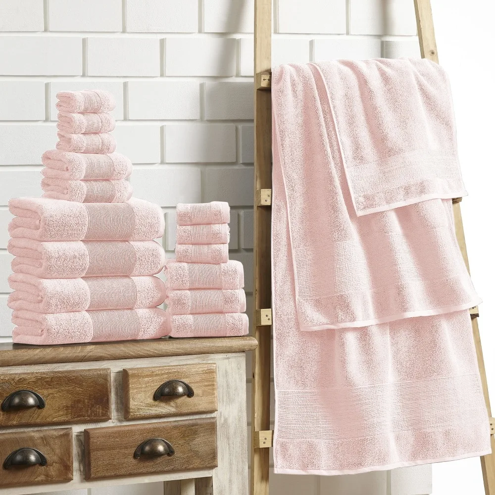 

Towel set, 18 piece cotton adult bath towel set, peach red, 100% pure cotton, high water absorption bath towel set