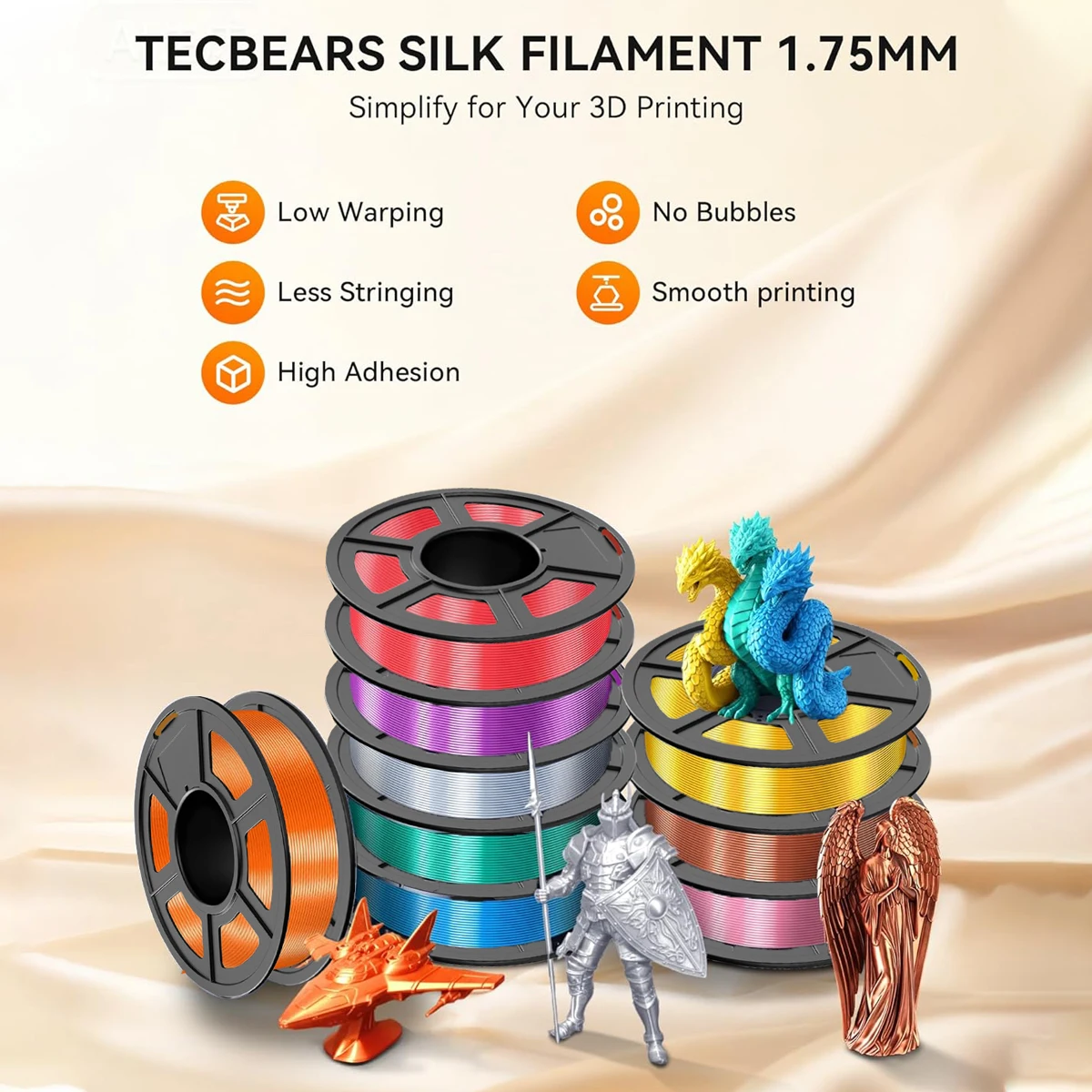3D 프린터 필라멘트, PLA+ 실크 필라멘트 멀티컬러 1.75mm, 개별 진공 포장, 200g/250g/500g/1000g 스풀