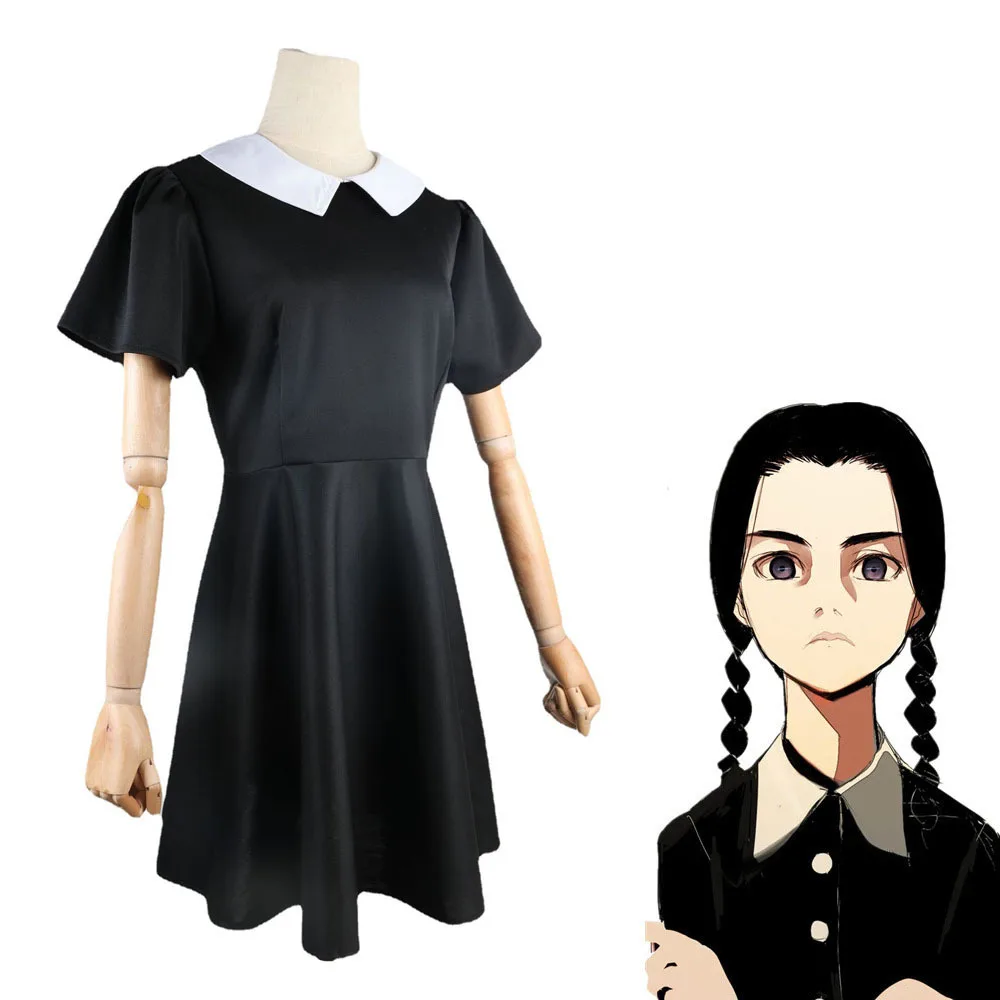 

Wednesday Addams Cosplay Costume Black Fancy Dress Hot 110-150 XS-3XL Halloween Party Costume Women Girls Adult Child Dark Girl