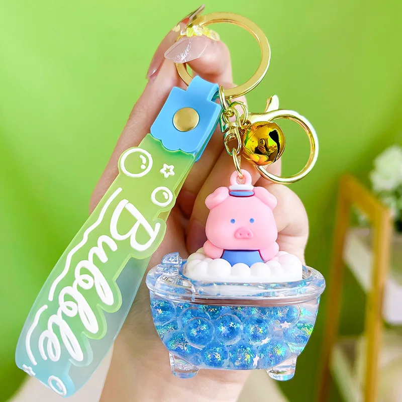 Exquisite Floating Bathtub Bottle Keyring Liquid Quicksand Rabbit