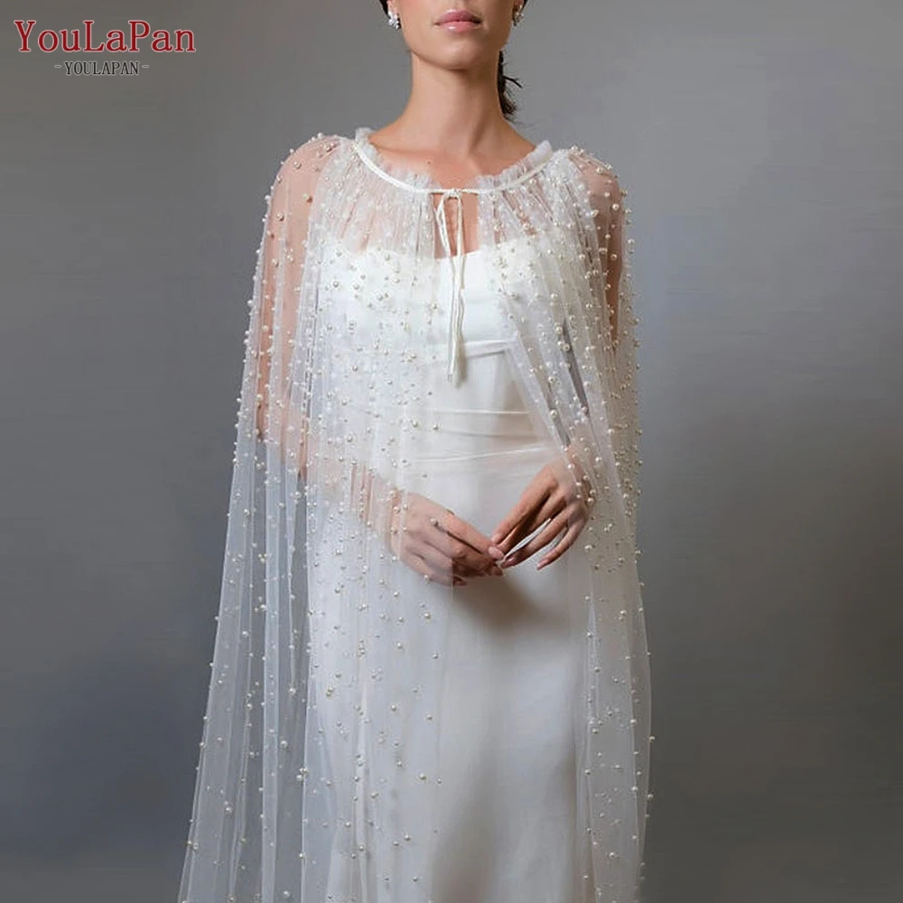 

YouLaPan Pearls Wedding Shawls Beaded Wrap for Wedding Dresses Women Cape Veil Wedding Jacket Wrap for Wedding Dress Bolero VG02