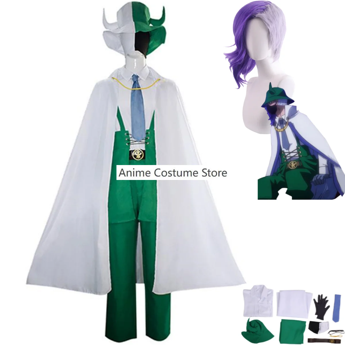 

Anime Page One Cosplay Costume Tobiroppo Wig White Cape Cloak Green Rompers Man Halloween Carnival Masquerade Ball Suit