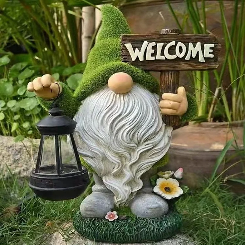 Garden Hallway Solar Elf Light Resin Crafts Garden Decoration Outdoor Flocked Dwarf Statue Decorative Lawn Light