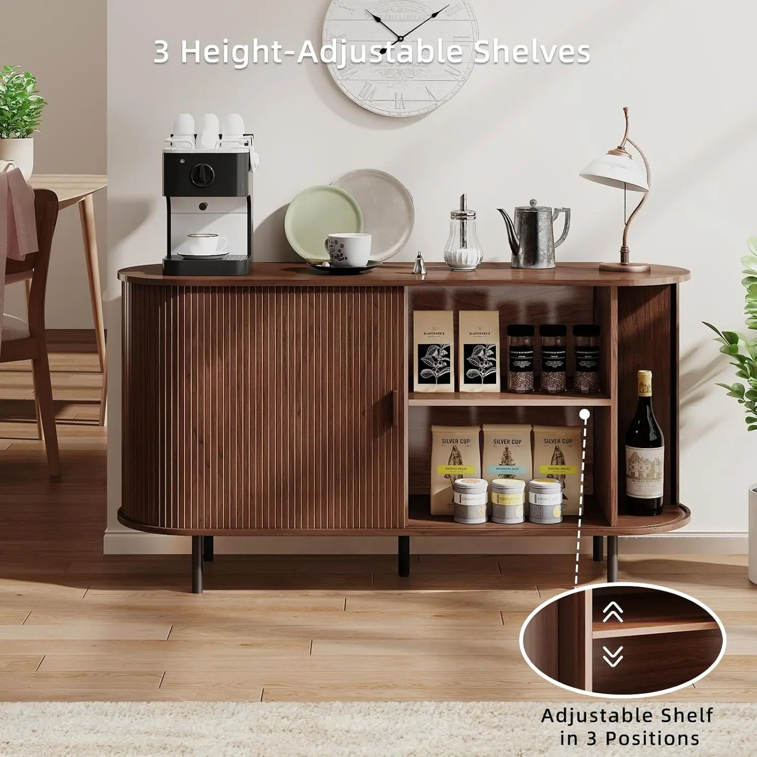 Buffet Sideboard Cabinet with Storage, 55" Fluted Cabinet with Sliding Door & Adjustable Shelf, Modern Accent Coffee Bar Console