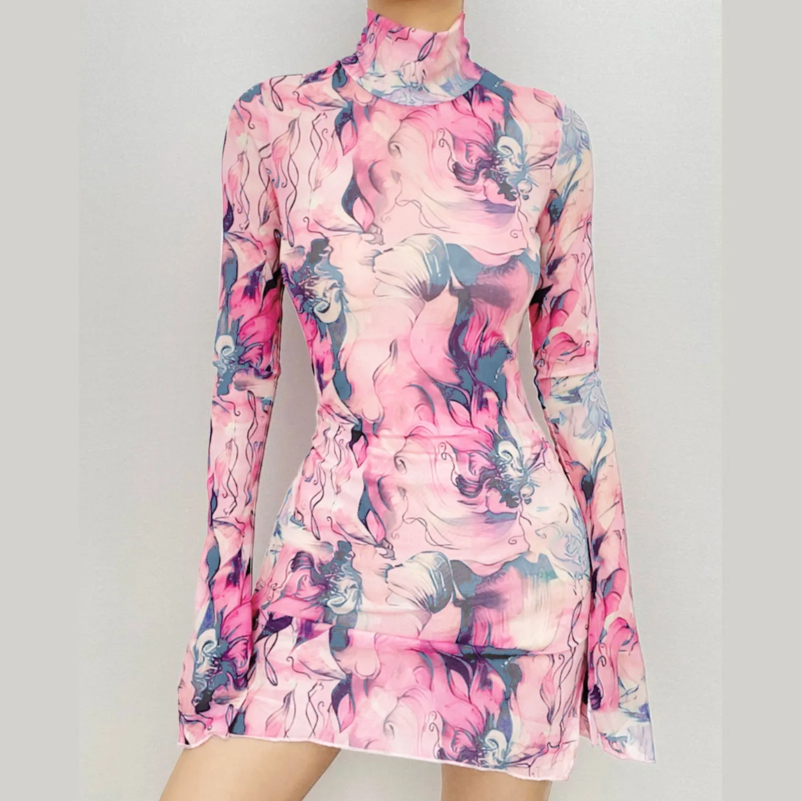 

Fashion Floral Mesh Printed Sexy Mini Women's Dresses Round Neck Bell Sleeve Side Open Chic Trim Bodycon Summer Party Club Dress