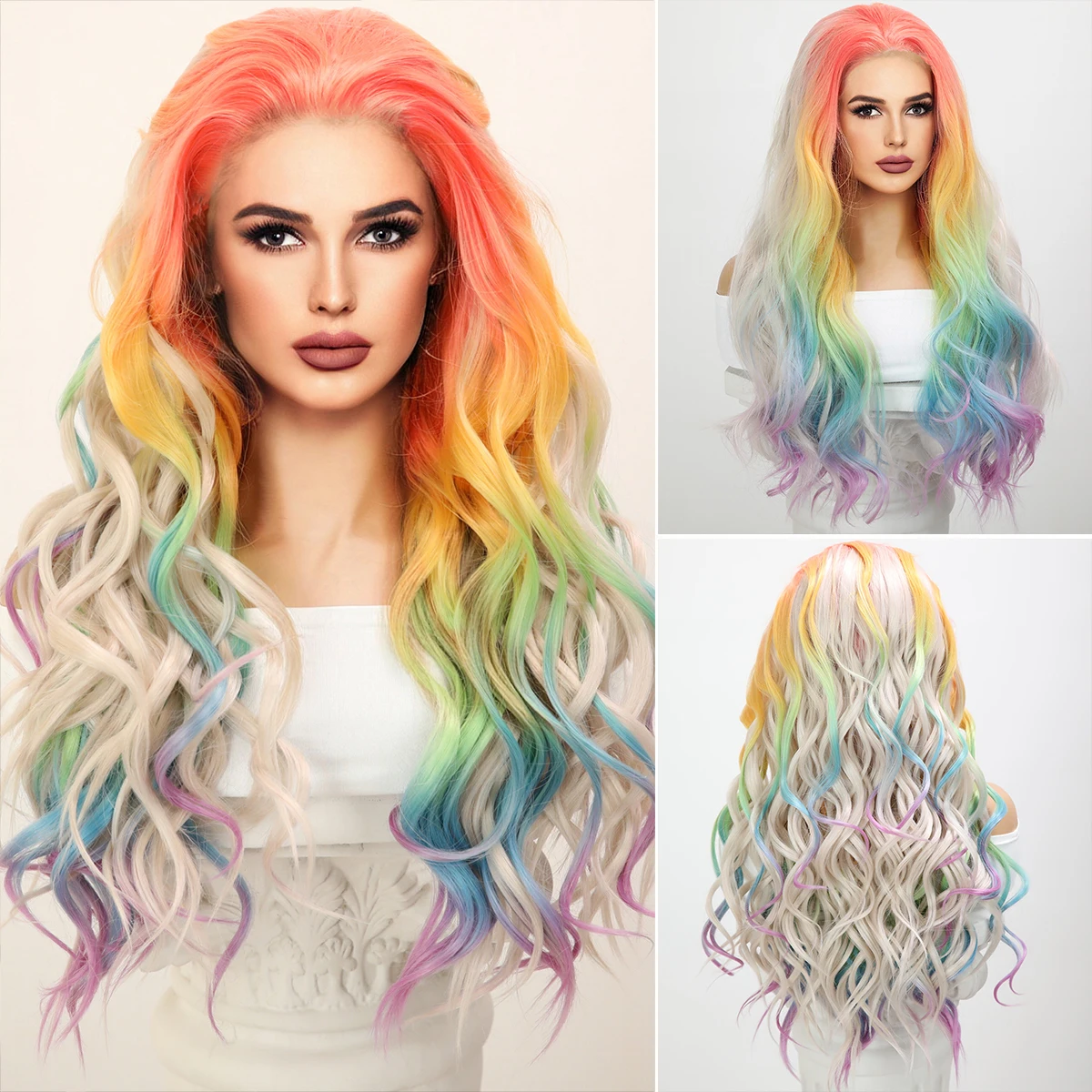 

Fashion celebrity style rainbow gradient highlight dyed curly hair with lace wig in front of women's wig Gradient Women's Anime