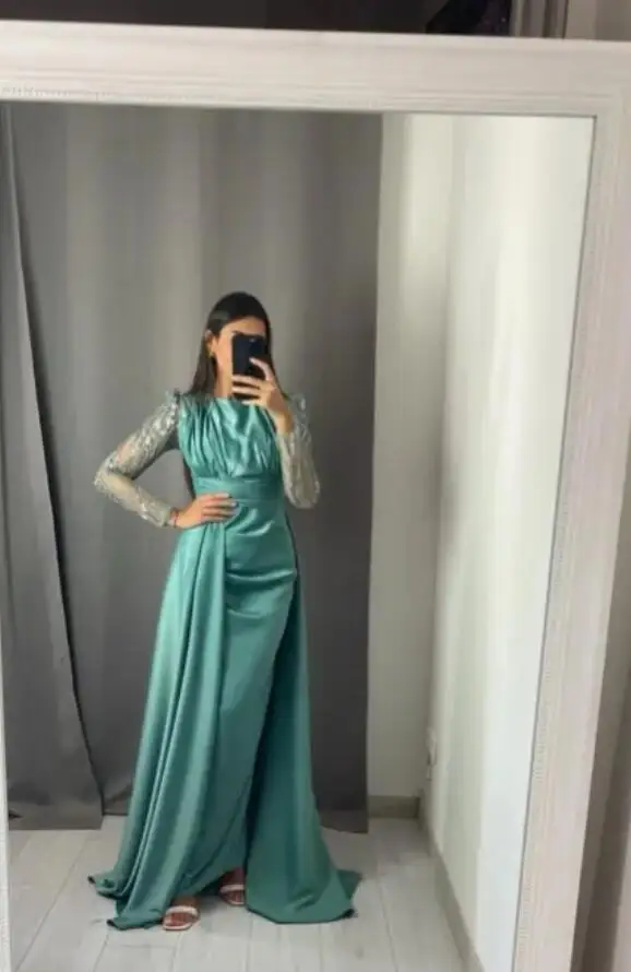 

OLOEY Modest A Line Dubai Arabic Women Formal Evening Dresses With Detachable Train Glitter O-Neck Occasion Prom Gowns