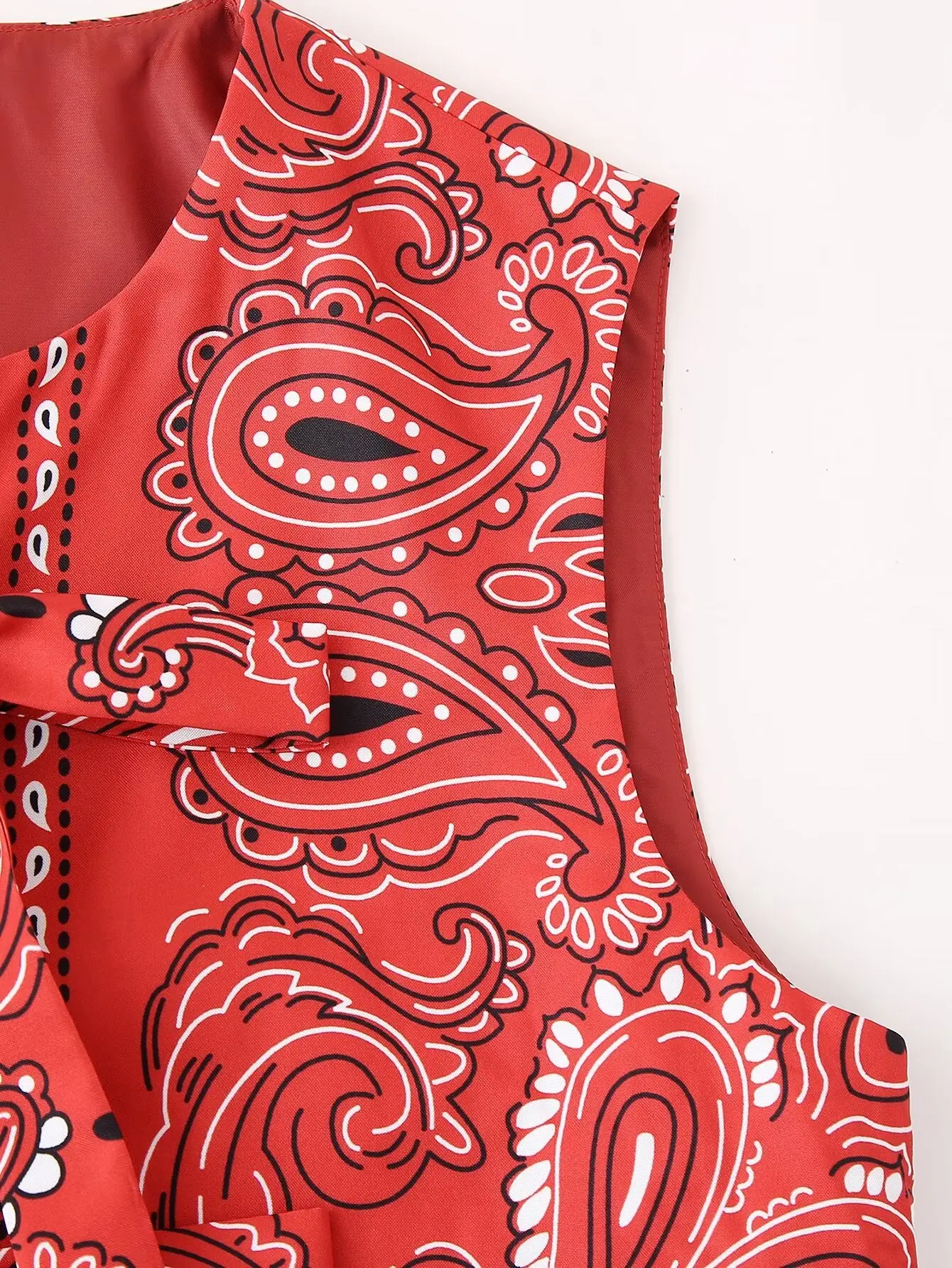 HH Women Fashion Paisley Print Vest Front Bow Lace Up O Neck National Style Vests Sleeveless Cardigan Waistcoat Chic Red Top