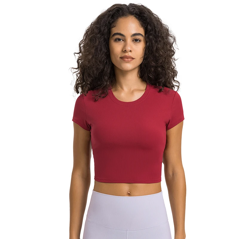 

ABS LOLI Women's Slim Fit Ribbed Gym Crop Top Round Neck Short Sleeve Workout Tops Stretchy Nylon Running Yoga T-shirts