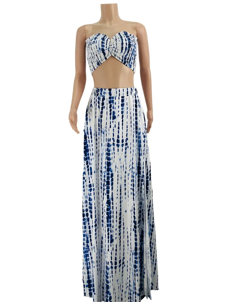 Wmstar Women Two Piece Set Summer Sexy Trendy Navy Blue Crop Top High Waist Side Slit Pleated Skirt Matching Lady Streetwear