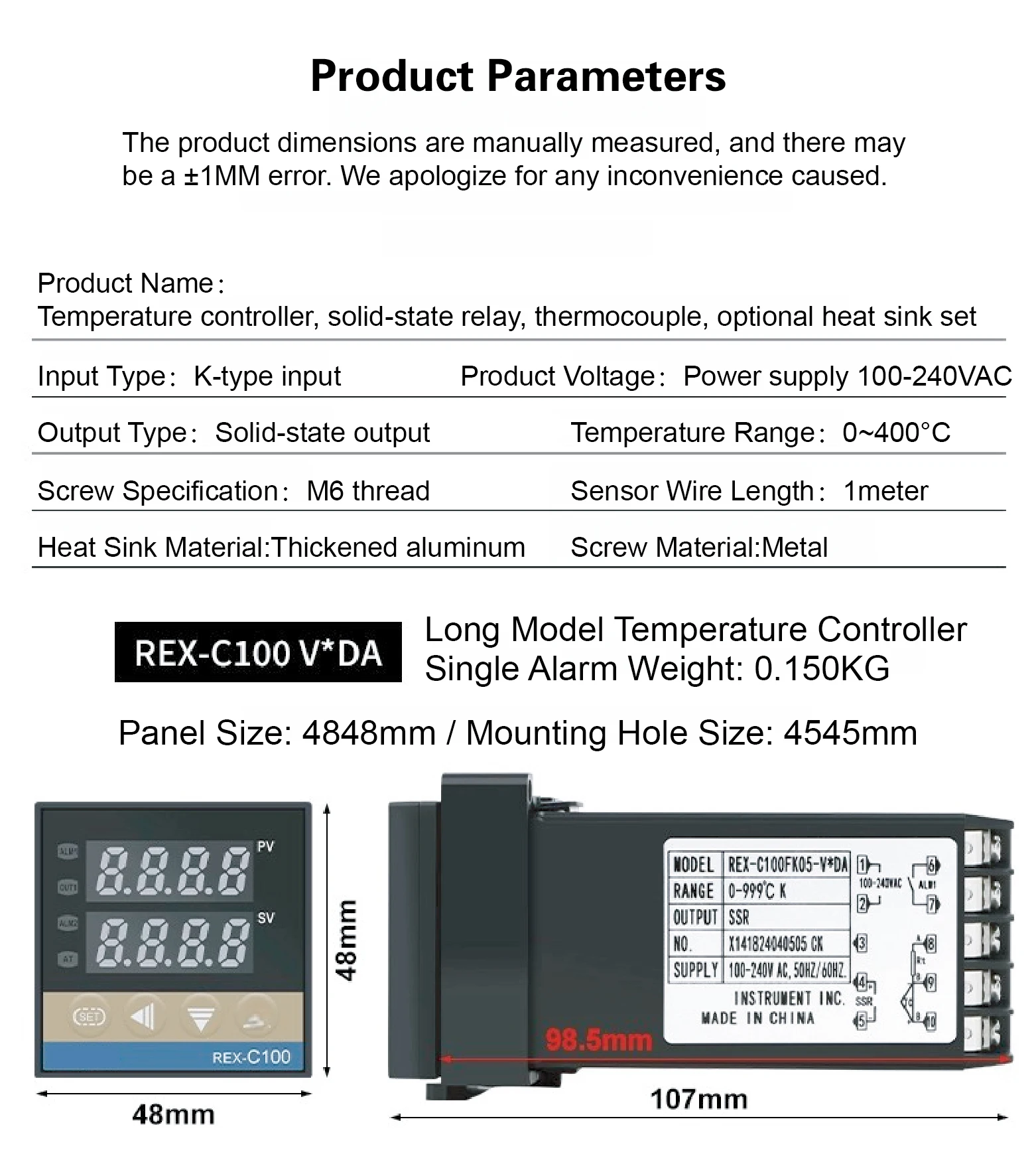 REX-C100 Temperature Controller Kit with K Type Thermocouple and 25DA 40DA 60DA