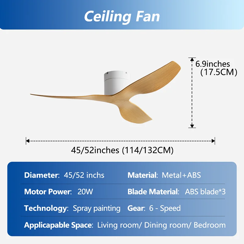 LED Ceiling Fan with Light Remote Control 3 Blades 45/52 inch for Living Room Bedroom