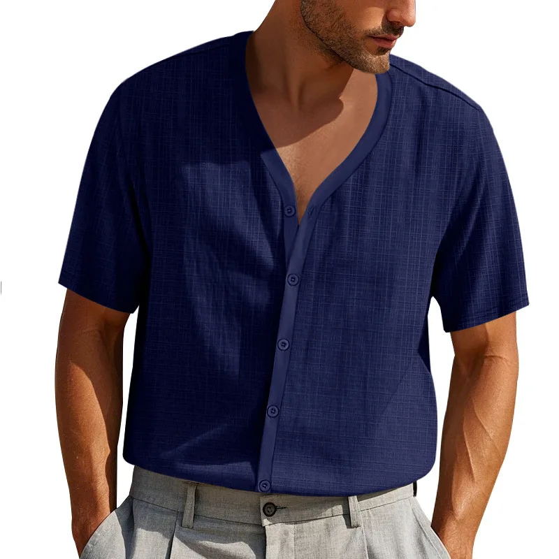 Mens Linen V Neck Short Sleeve Summer Business Shirts