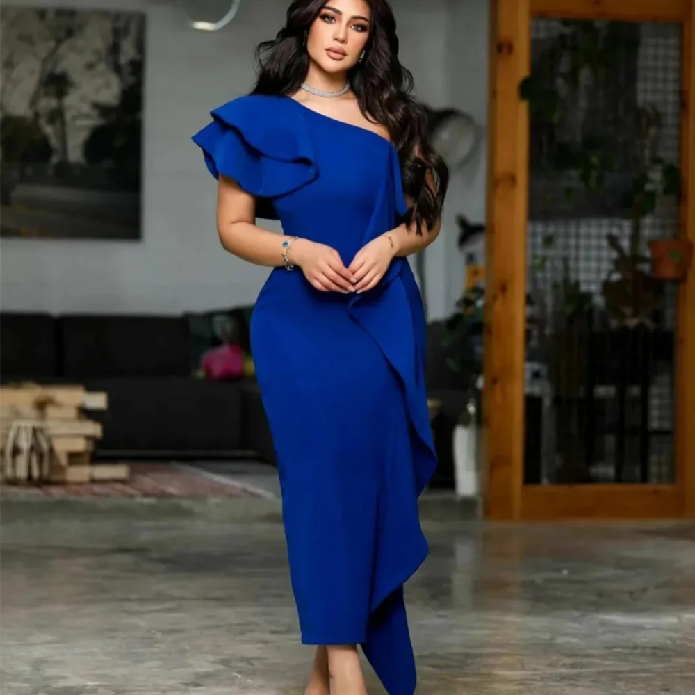 

Elegant Long Blue One Shoulder Spandex Evening Dresses Sleeveless Mermaid Ruffled Ankle Length فساتين للمناسبات الخاصة
