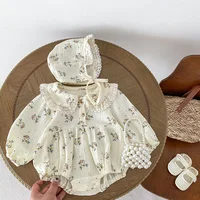 2025 Spring Newborn Infant Baby Girls Romper+Hat 2PCS Lapel Floral Rompers Kids Fashion Baby Clothing Newborn Baby Girl Jumpsuit