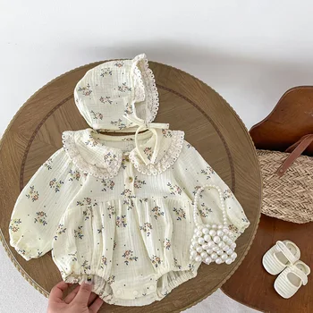 2025 Spring Newborn Infant Baby Girls Romper+Hat 2PCS Lapel Floral Rompers Kids Fashion Baby Clothing Newborn Baby Girl Jumpsuit 1